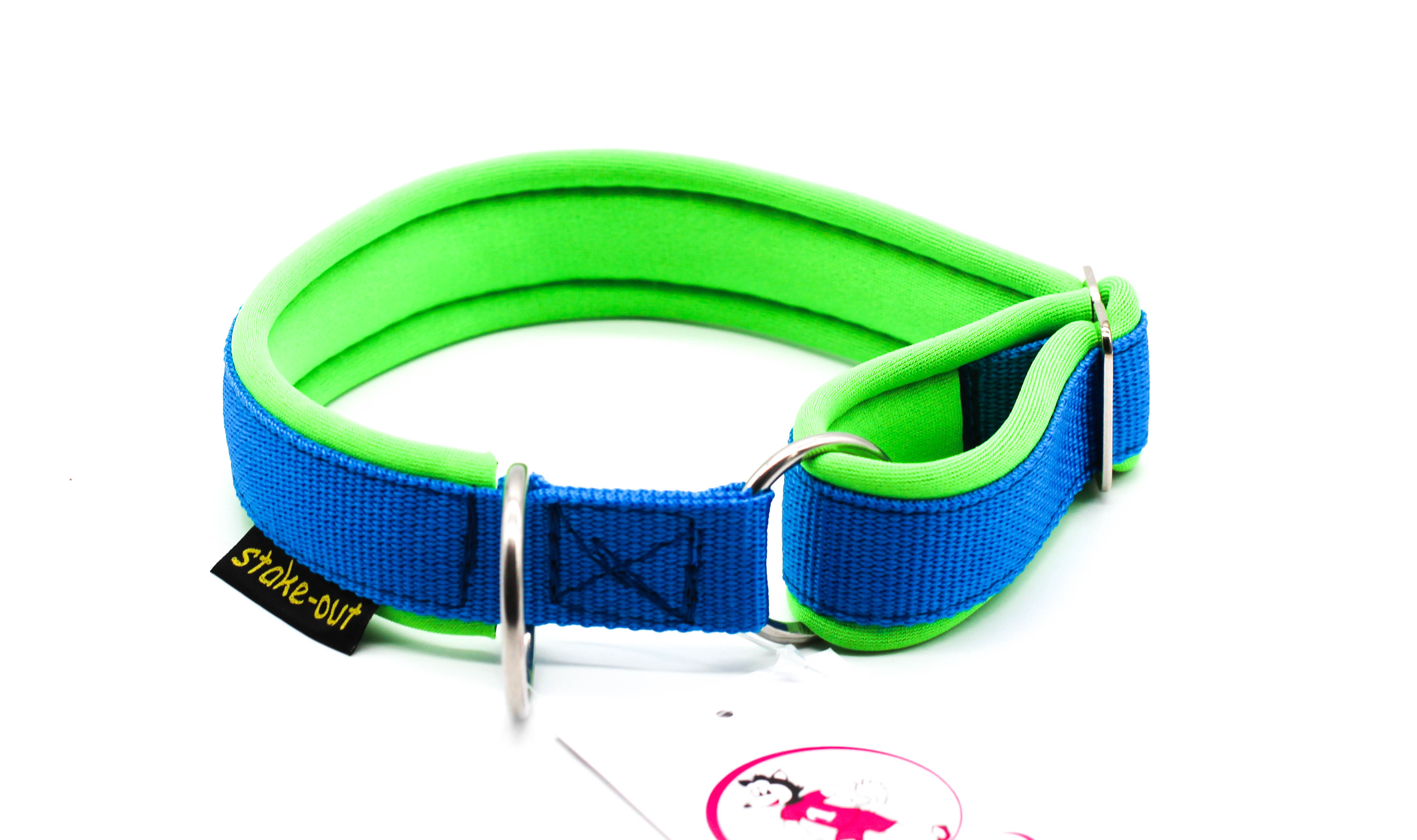 Softshell-Halsband ohne Verschluss in Blau/Neongrün für Schlittenhunde – verstellbar & mit Edelstahlringen