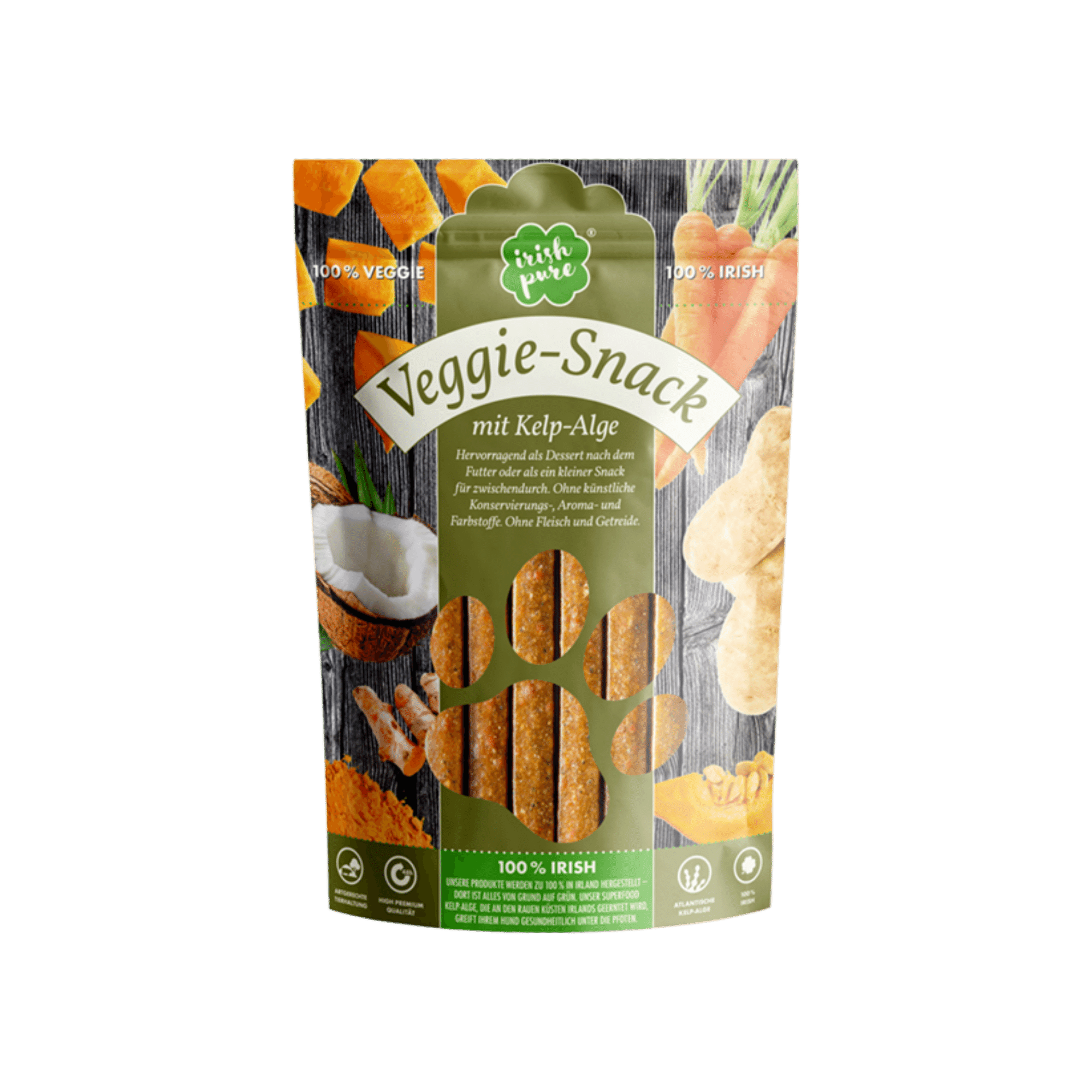 Verpackung des Irish Pure Veggie-Snacks für Hunde mit Kelp-Alge, Karotten, Süßkartoffel und Kokos