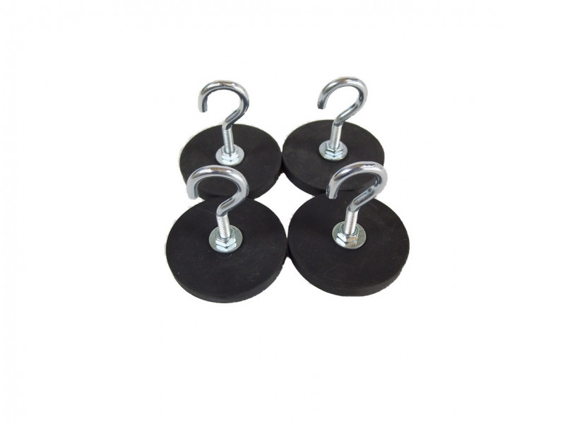4er Set Magnethaken für Schattennetz, schwarze runde Magnete mit silbernen Haken zur sicheren Befestigung.