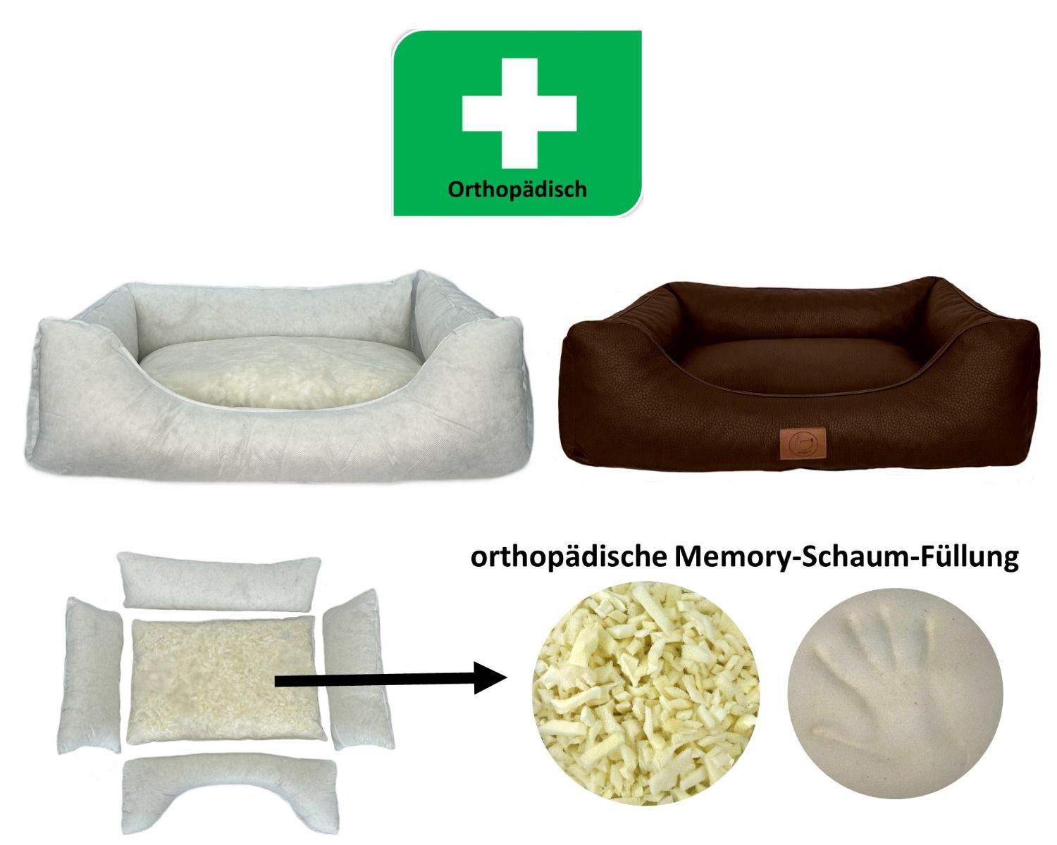 Orthopädisches Hundebett MILANO mit herausnehmbaren Polstern und Memory-Schaum-Füllung, dargestellt in Braun und Hellgrau mit Orthopädie-Symbol