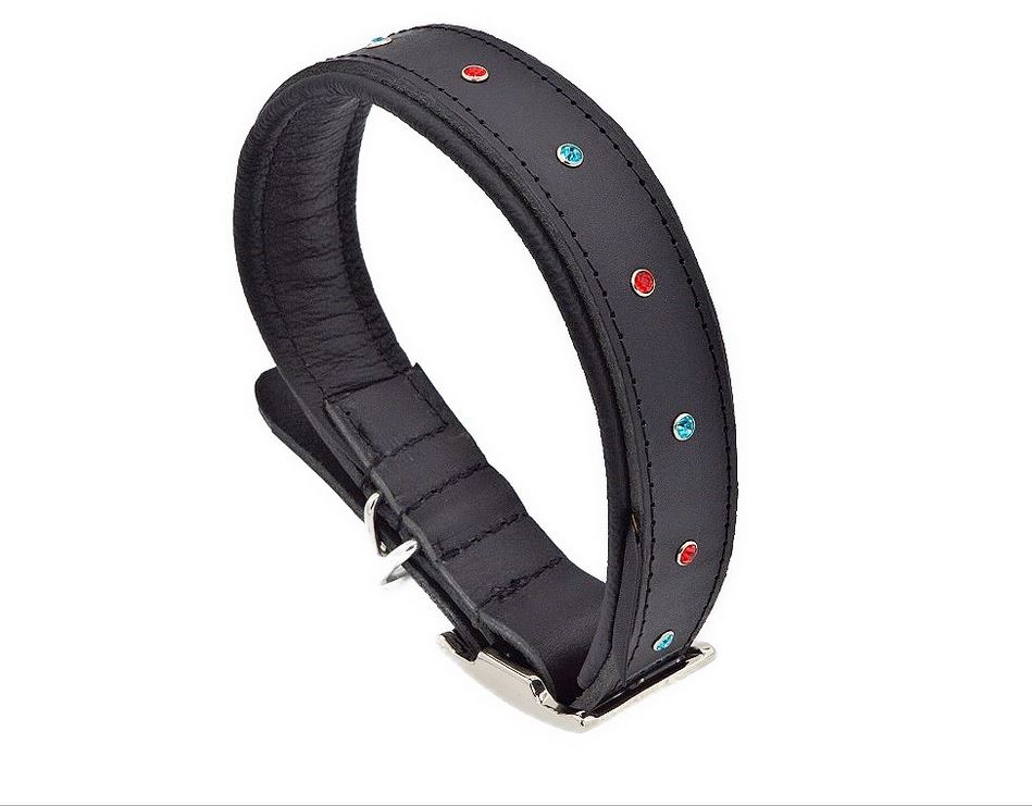 Leder-Hundehalsband schwarz mit Strass in Blau und Rot – Detailansicht