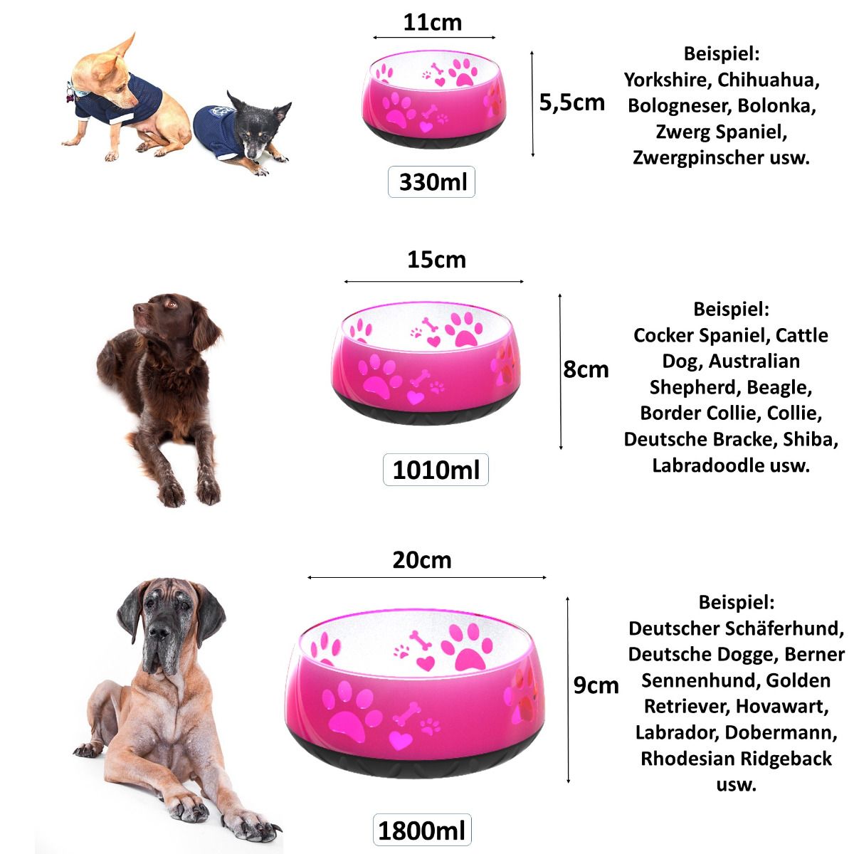Größenübersicht des Elropet Kunststoff-Napfs in Pink mit Pfotenmotiv, in drei Größen für kleine bis große Hunde.