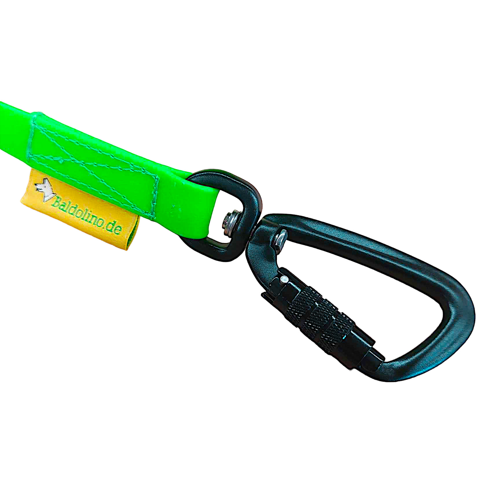 Detailaufnahme des schwarzen Aluminium-Sicherheitskarabiners (86 mm, 400 kg Tragkraft) an der Baldolino Kunststoff-Schleppleine – Stake-Out Hundezubehör