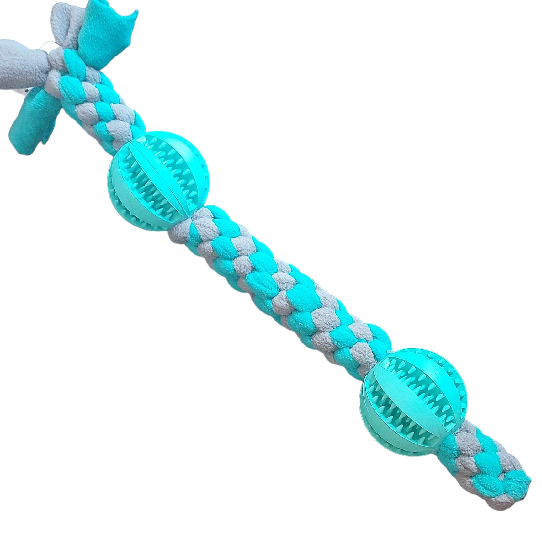 Geflochtenes Fleece-Zerrtau mit zwei türkisfarbenen Zahnpflegebällen – robustes und zugleich weiches Hundespielzeug für Zerrspiele und Zahnreinigung