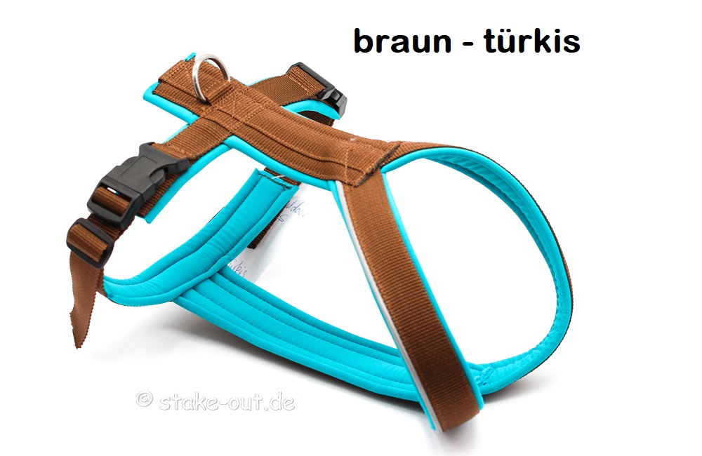 Stake-Out Outdoor Führgeschirr in Braun-Türkis mit Softshell-Polster und Edelstahlring