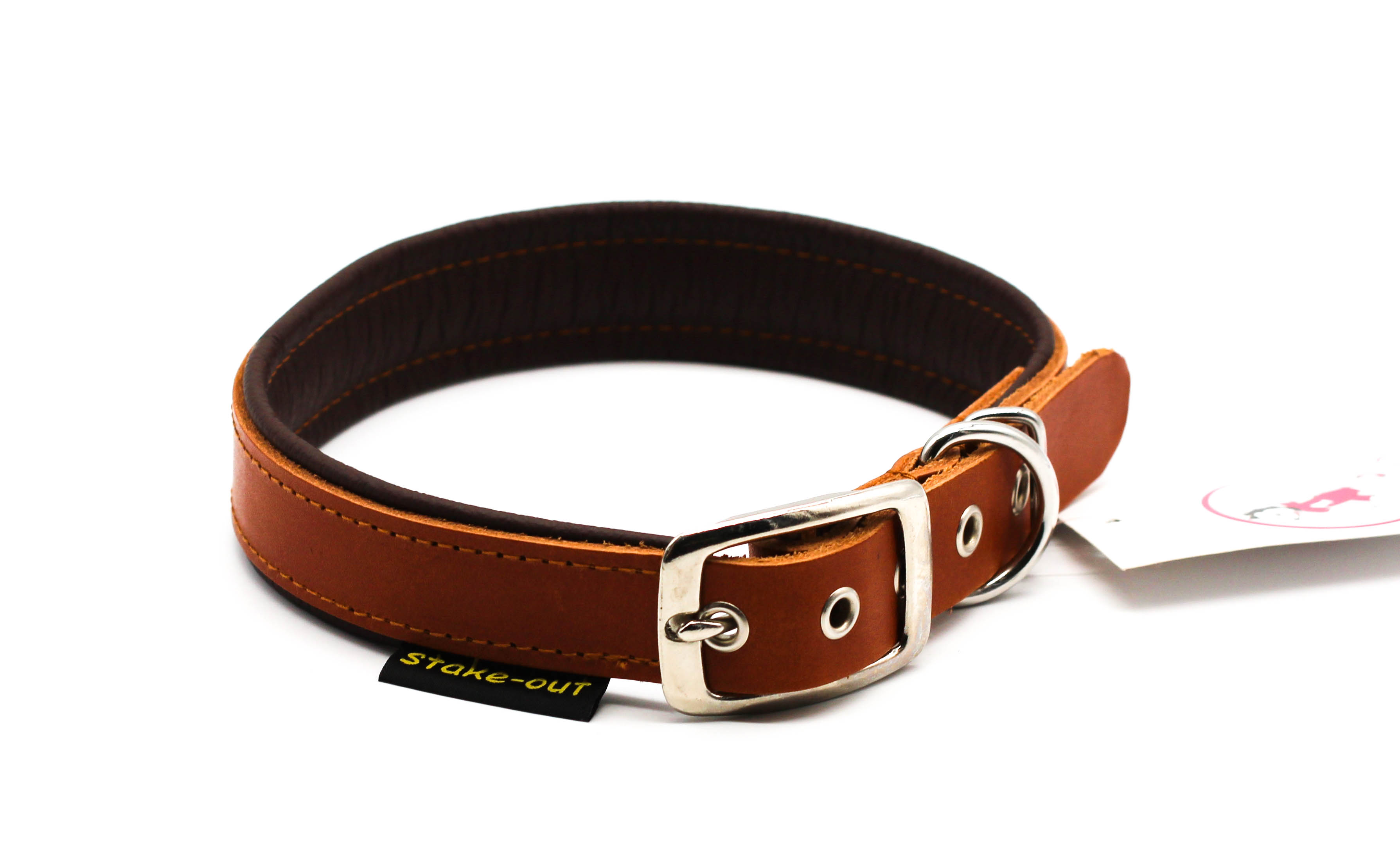 Leder-Hundehalsband Hellbraun/Schwarz mit silberner Gürtelschnalle und Nappapolsterung