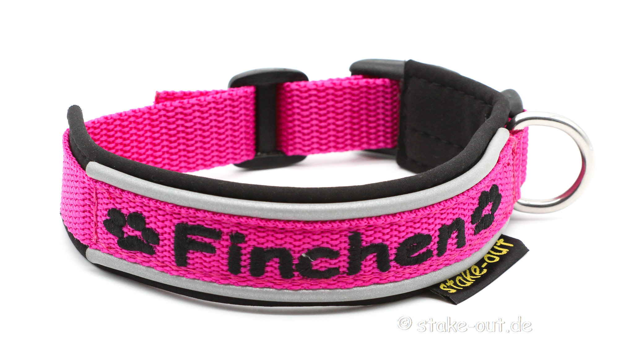 Outdoor Hundehalsband in Pink/Schwarz mit Softshell-Polsterung, reflektierender Kantenborte & Bestickung