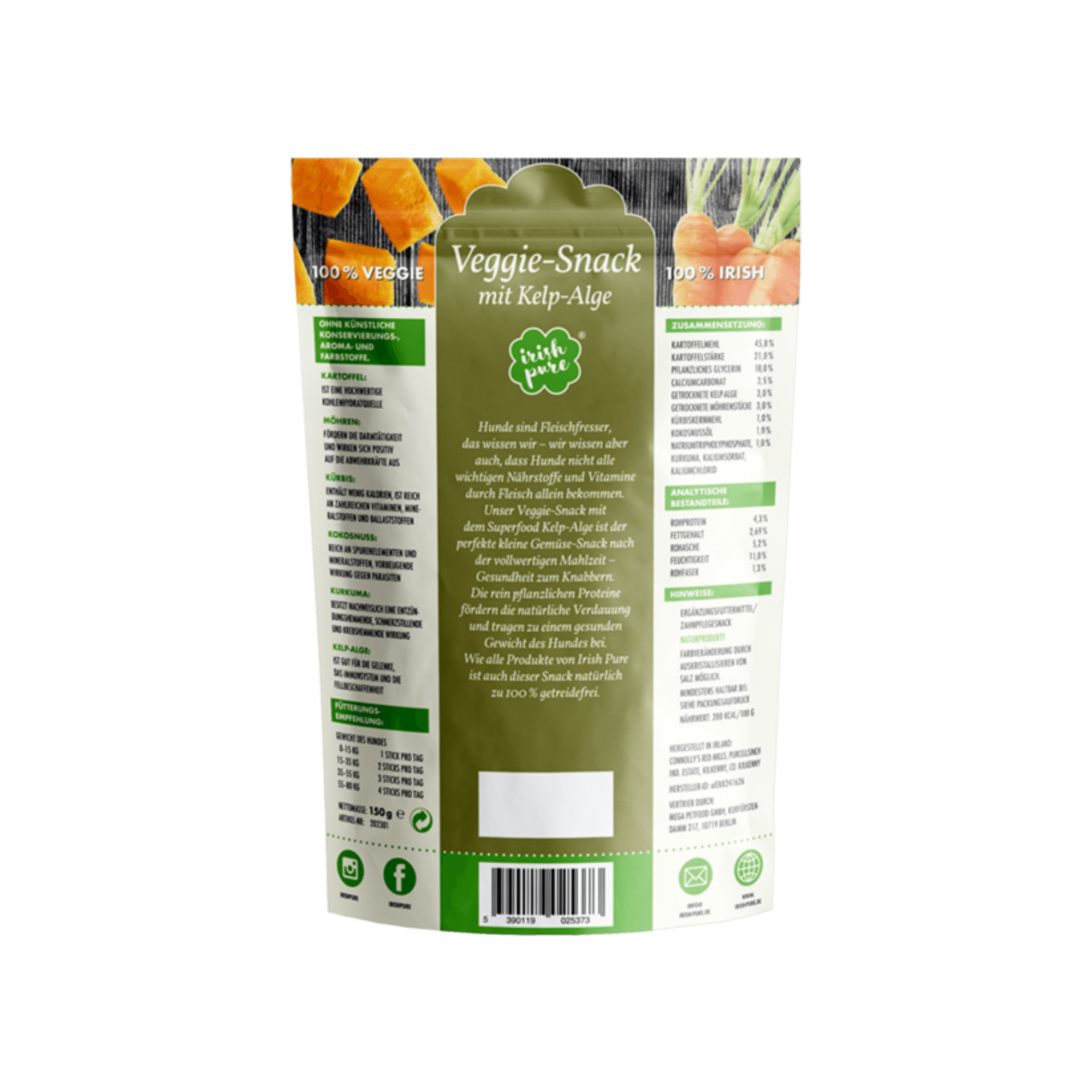 Verpackung des Irish Pure Veggie-Snacks für Hunde mit Kelp-Alge, Karotten, Süßkartoffel und Kokos