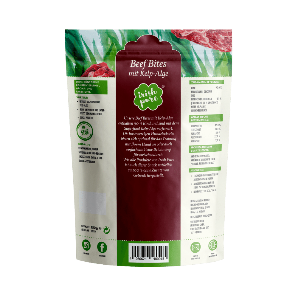 Rückseite der Irish Pure Beef Bites Hundesnacks mit Inhaltsstoffen und Fütterungshinweisen