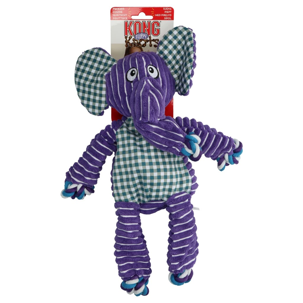 KONG Floppy Knots Elephant Hundespielzeug in Lila mit kariertem Bauch und Seilarmen, robustes Plüschtier mit integriertem Knoten-Seil, in Originalverpackung.