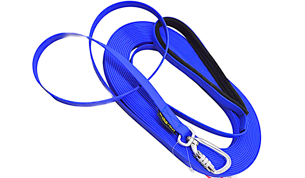 Biothane Schleppleine EXTREM in Blau mit Softshell-Handschlaufe und Aluminium-Sicherheitskarabiner – Stake-Out Hundezubehör