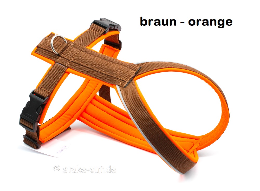 Stake-Out Outdoor Führgeschirr in Braun-Orange mit Softshell-Polster und Edelstahlring