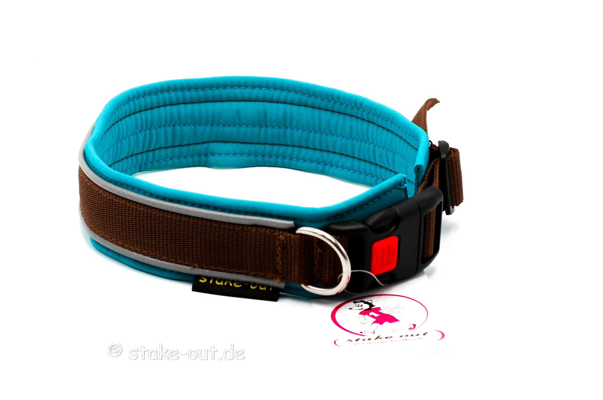 Outdoor Hundehalsband in Türkis/Schwarz mit Softshell-Polsterung und reflektierender Kantenborte