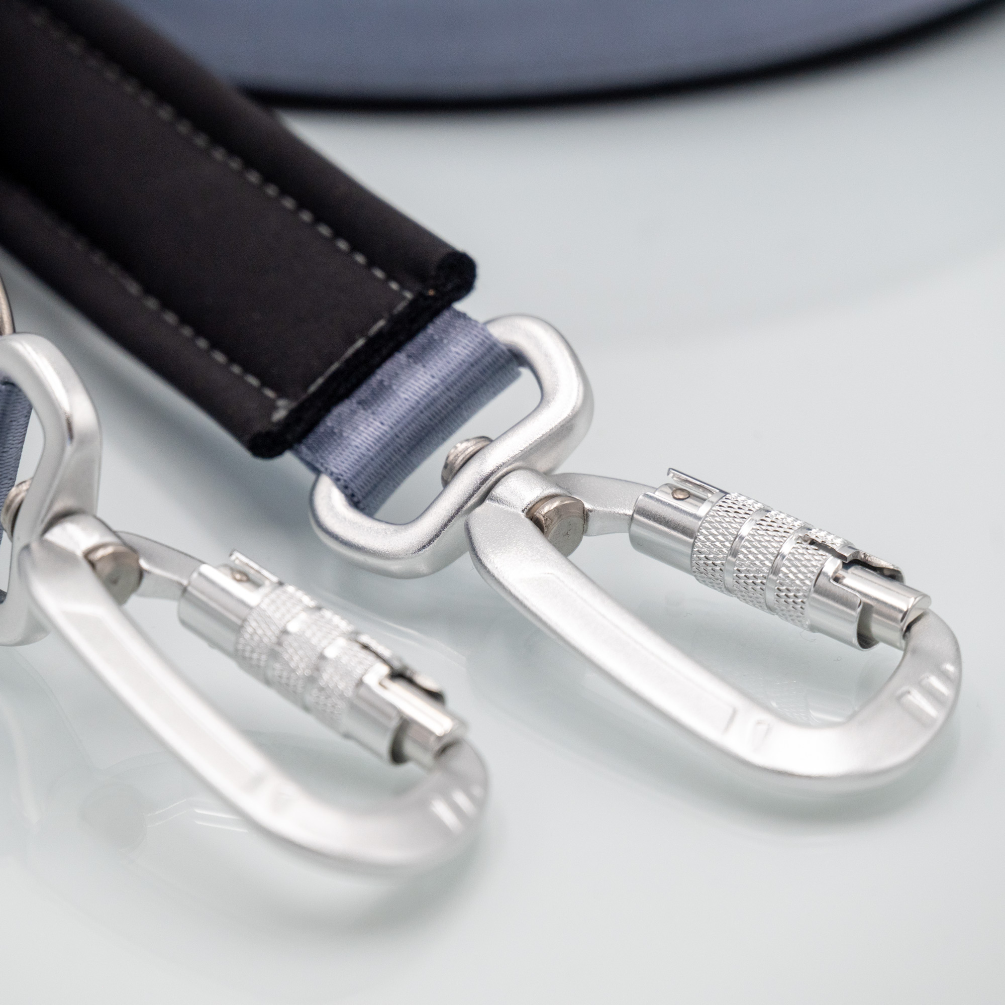 Detailaufnahme: Aluminium-Sicherheitskarabiner (400 kg Zuglast) an der Führleine für starke Hunde