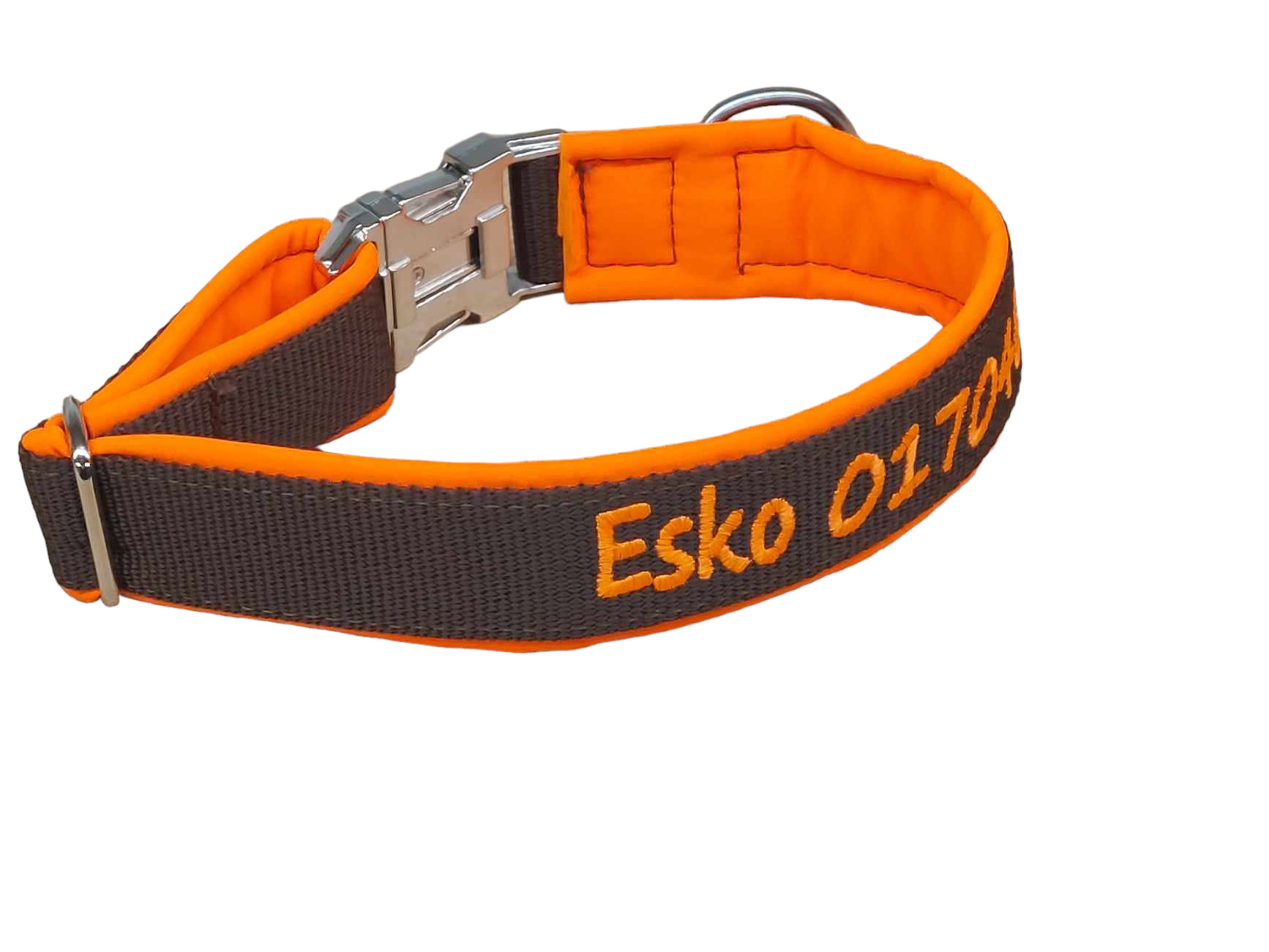 Besticktes Hundehalsband in Orange/Schwarz mit Softshell-Polsterung und Gürtelschnalle
