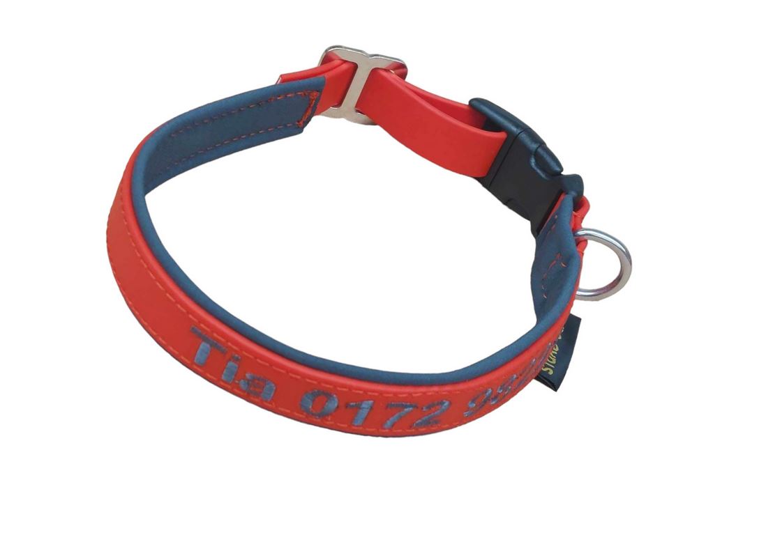 Besticktes Biothane-Hundehalsband in Rot/Blau mit Softshell-Polsterung und Klick-Steckschnalle