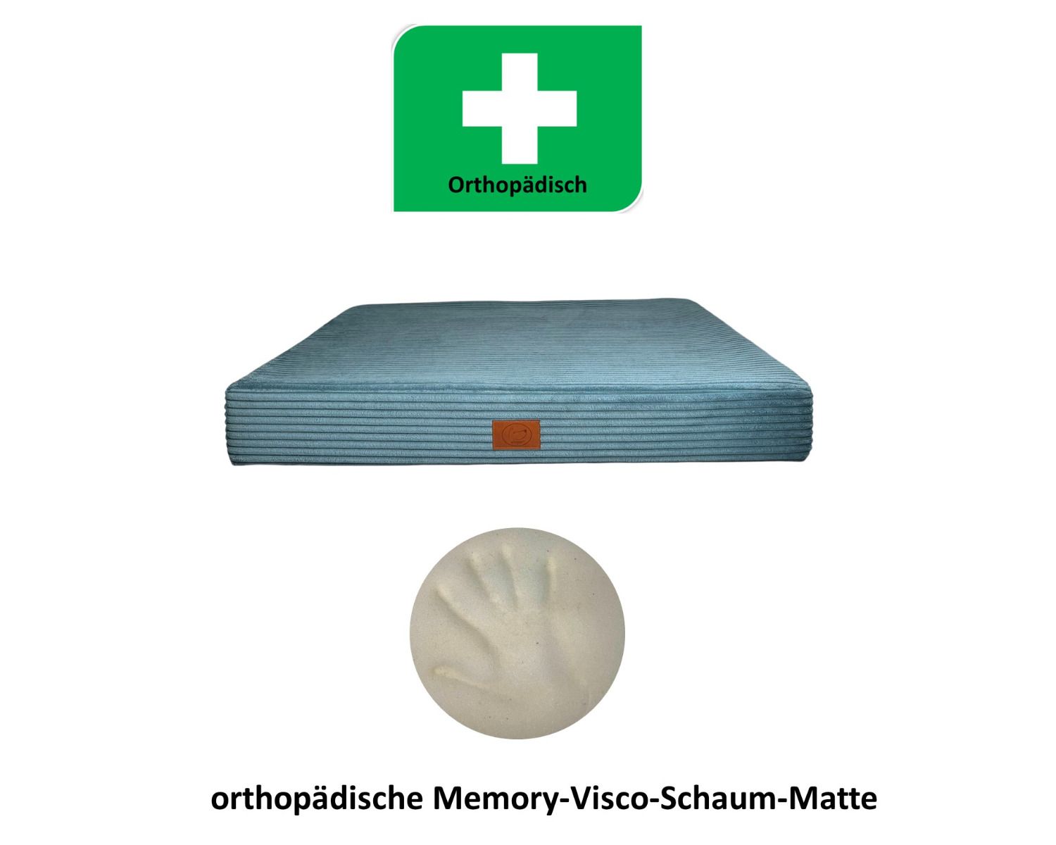 Orthopädische Hundematte San Marino in Azurblau mit Memory-Visco-Schaumkern und grünem Orthopädie-Symbol