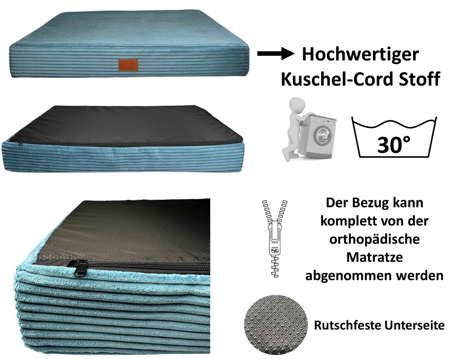 Orthopädische Hundematte San Marino in Azurblau mit abnehmbarem Cordbezug, rutschfester Unterseite und waschbar bei 30 Grad