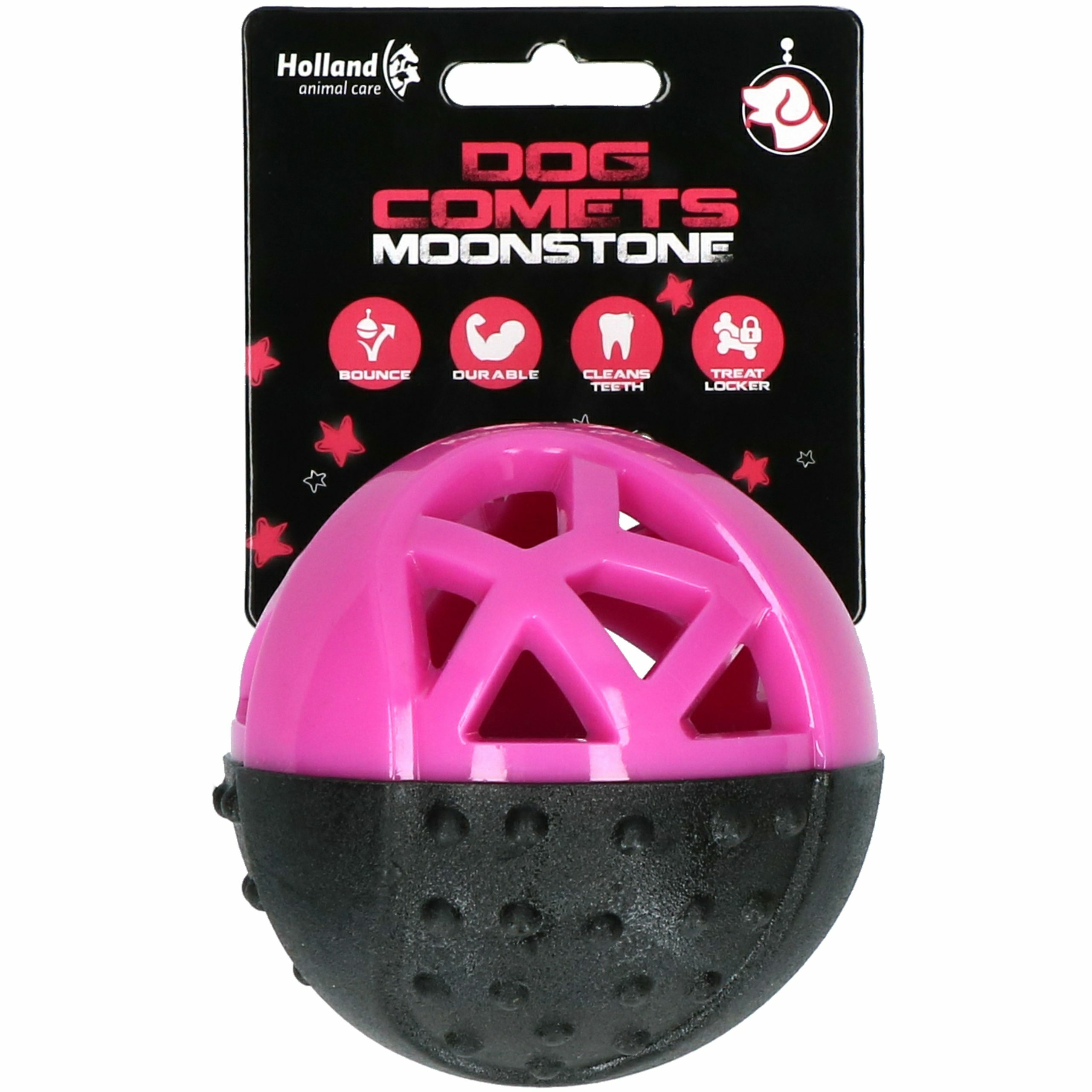 Dog Comets Moonstone Ball in Pink und Schwarz – robuster Hundeball mit Zahnpflegeeffekt und Leckerli-Funktion