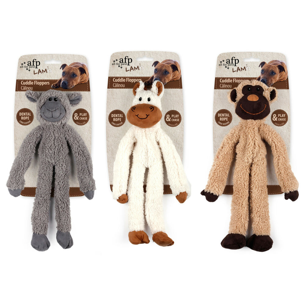 Drei AFP Cuddle Floppers Hundespielzeuge in den Varianten Faultier, Schaf und Affe in Originalverpackung, weiche Plüschtiere mit Dental Rope.