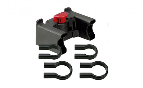 Schwarze Lenkerhalterung mit rotem Schnellverschluss und vier Befestigungsclips zur Montage einer Bikeantenne am Fahrrad