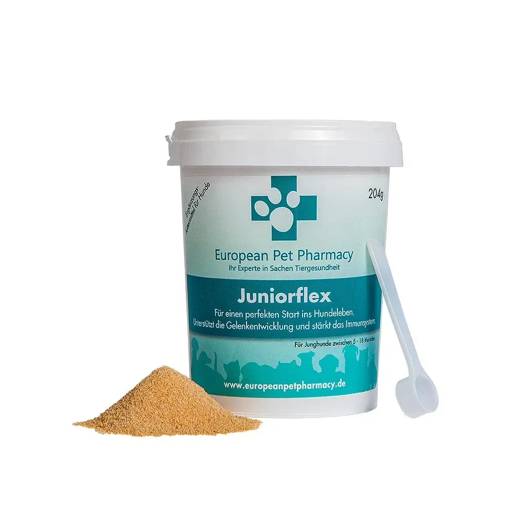 European Pet Pharmacy Juniorflex Pulver mit Messlöffel und Pulverhäufchen, zur Unterstützung der Gelenkentwicklung und des Immunsystems bei Junghunden