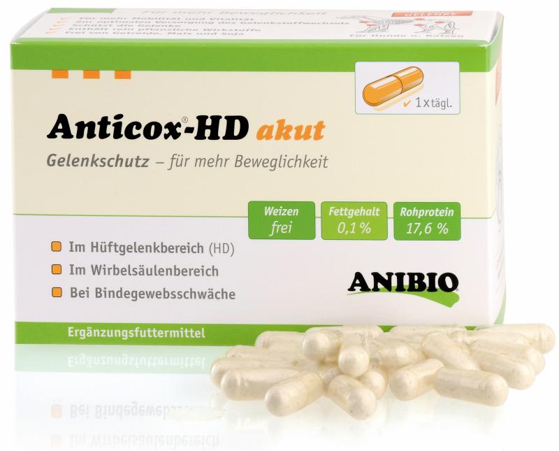 Anibio Anticox-HD akut Gelenkschutz-Kapseln für Hunde mit Verpackung und offenen Kapseln zur Unterstützung der Beweglichkeit