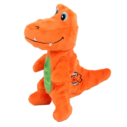 AFP T-Rex Hundespielzeug in Orange mit grünem Bauch, weiches Plüschtier in Dinosaurierform mit freundlichem Gesicht, freigestelltes Produktfoto.