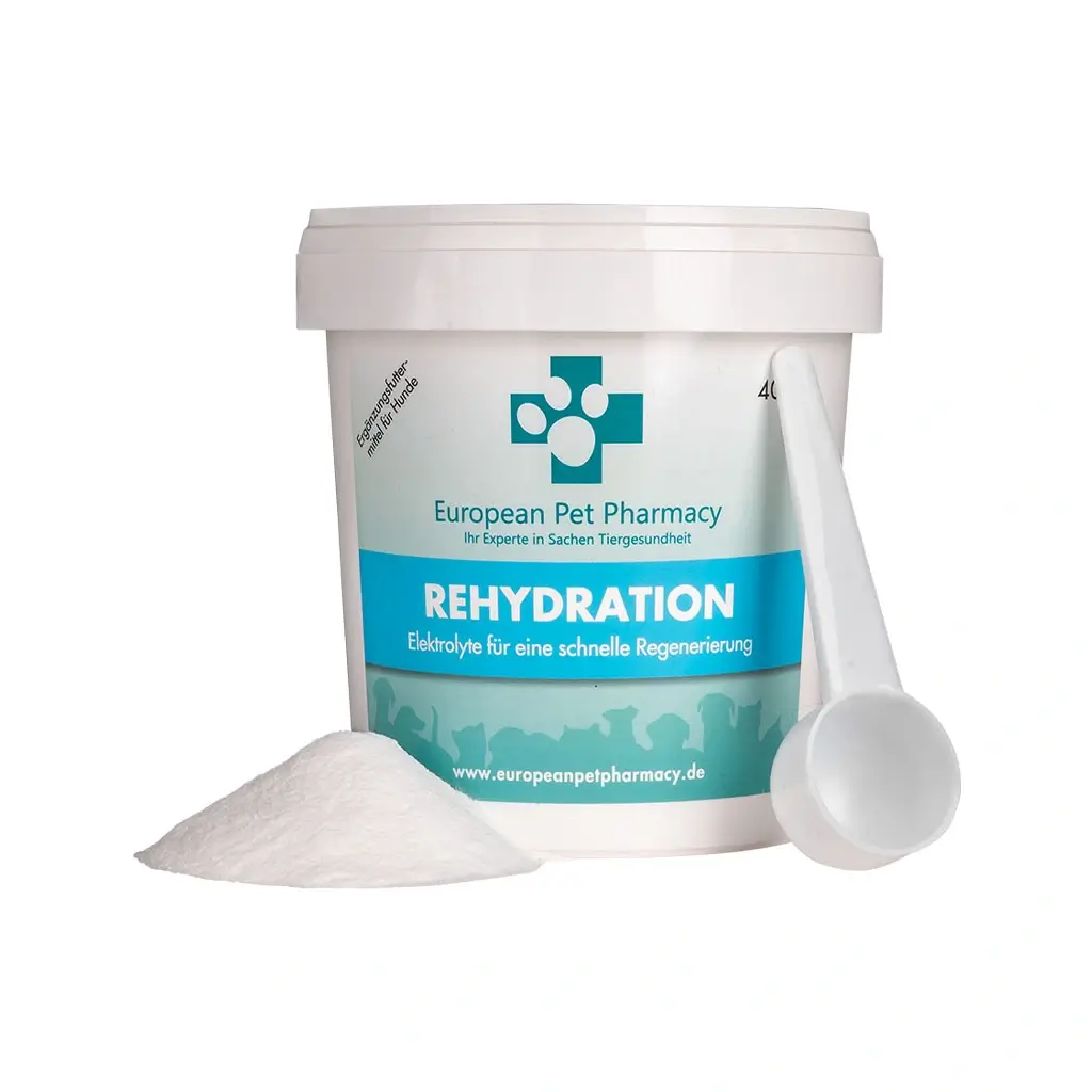 European Pet Pharmacy Rehydration Pulver mit Messlöffel und Pulverhäufchen, Elektrolytpräparat zur schnellen Regeneration und Flüssigkeitszufuhr bei Hunden