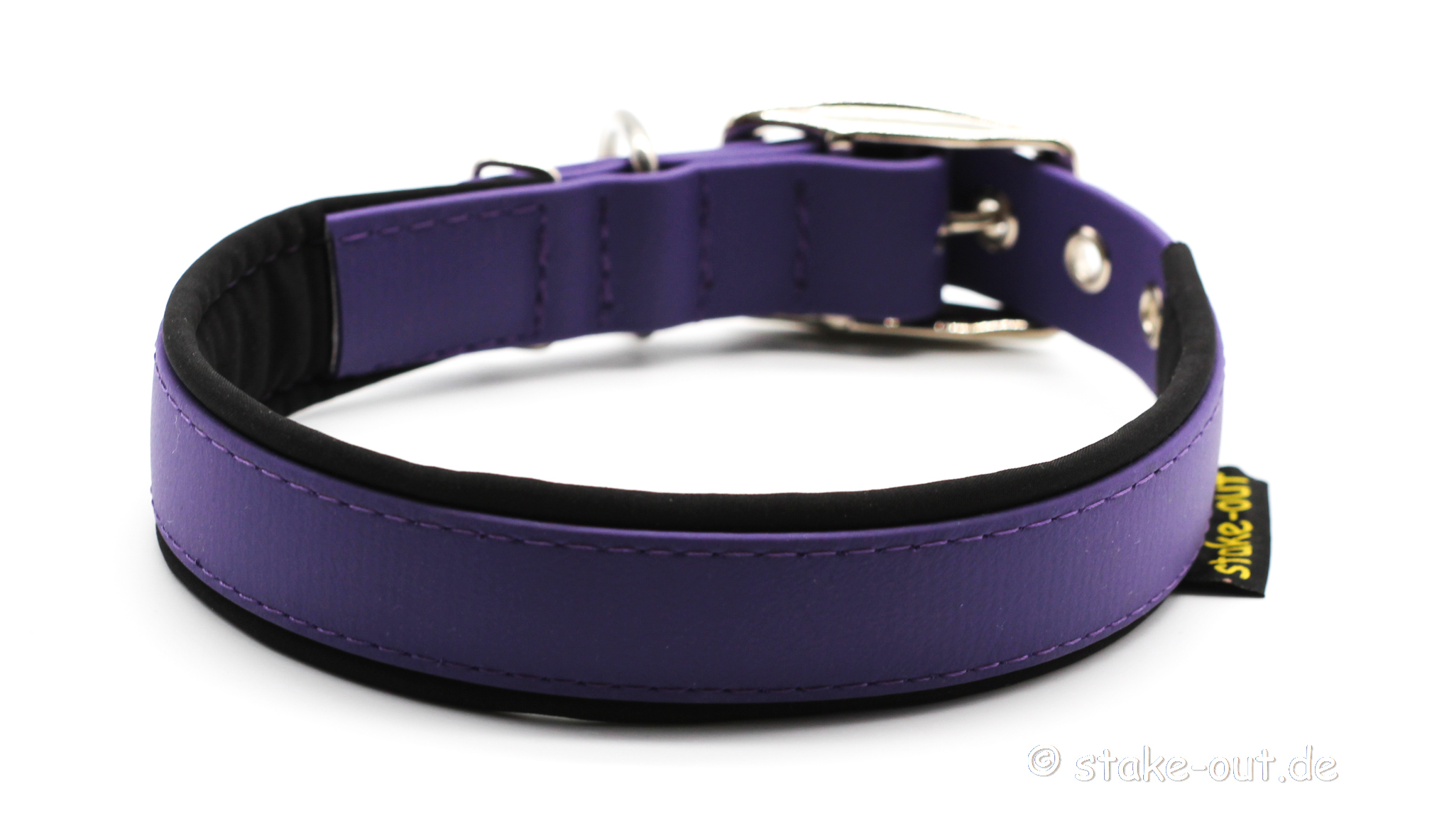 Biothane Hundehalsband 25 mm in Lila/Schwarz mit Softshell-Polsterung und Gürtelschnalle