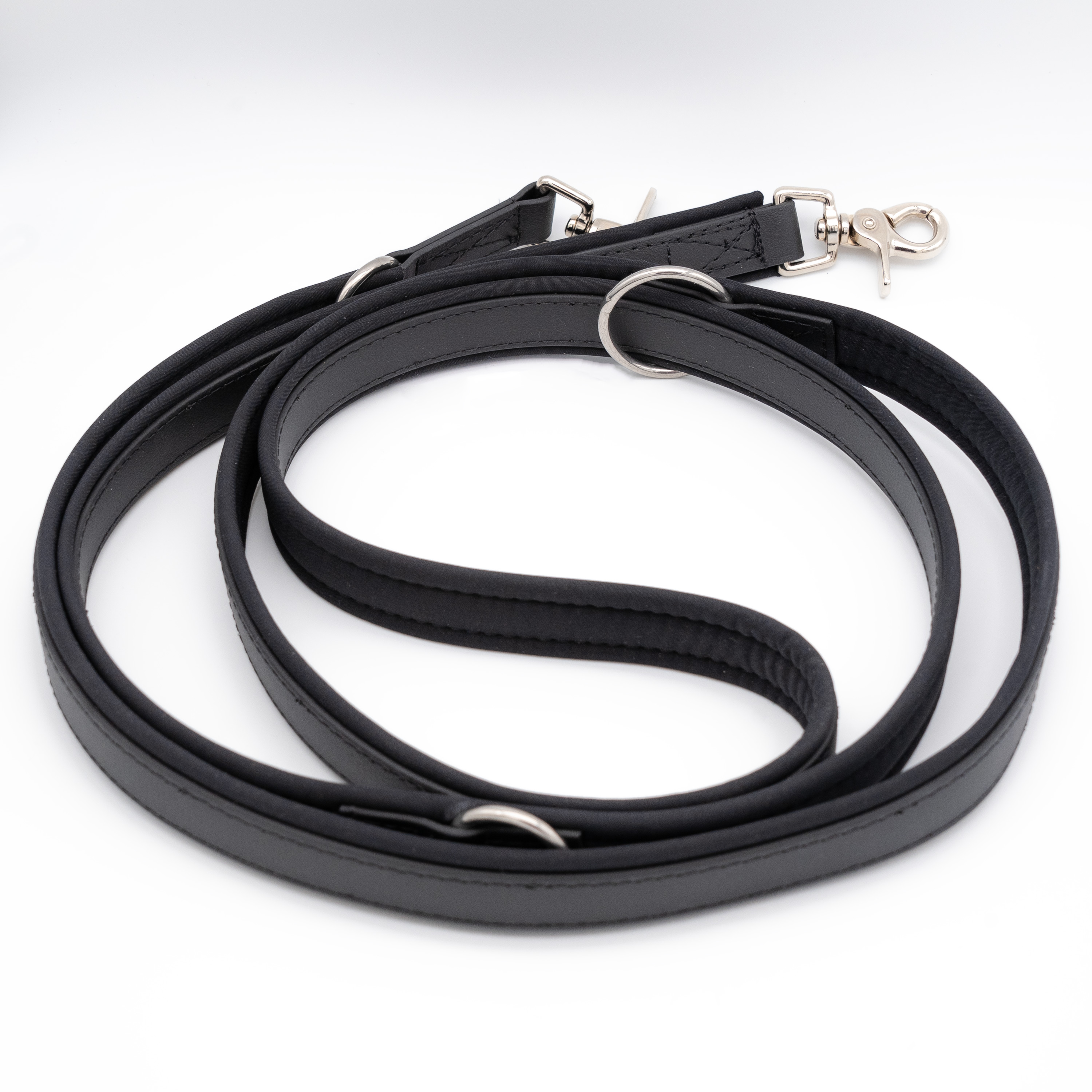 Verstellbare Biothane Führleine 2,50 m in Schwarz/Schwarz – weich gepolstert