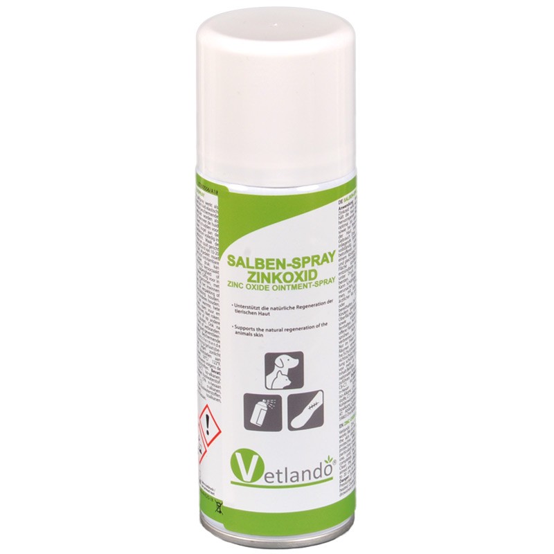 Vetlando Zinkoxid Salben-Spray, Produktflasche mit grün-weißer Beschriftung und Dosierkopf zur Unterstützung der Hautregeneration bei Tieren.