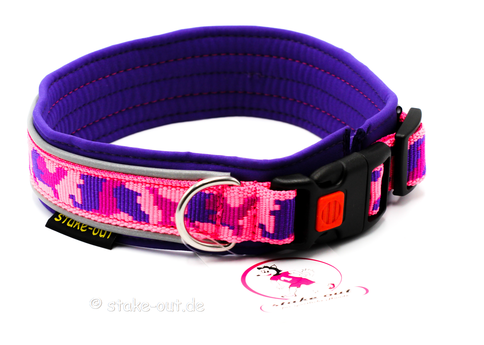 Outdoor Hundehalsband in Magenta/Lila mit Softshell-Polsterung und reflektierender Kantenborte