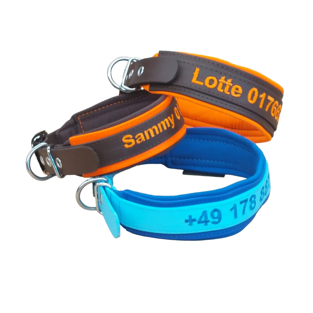 Robuste Softshell- und Biothane-Halsbänder – auf Wunsch mit Name oder Telefonnummer bestickbar. Handgefertigt in Deutschland, waschbar und langlebig.
