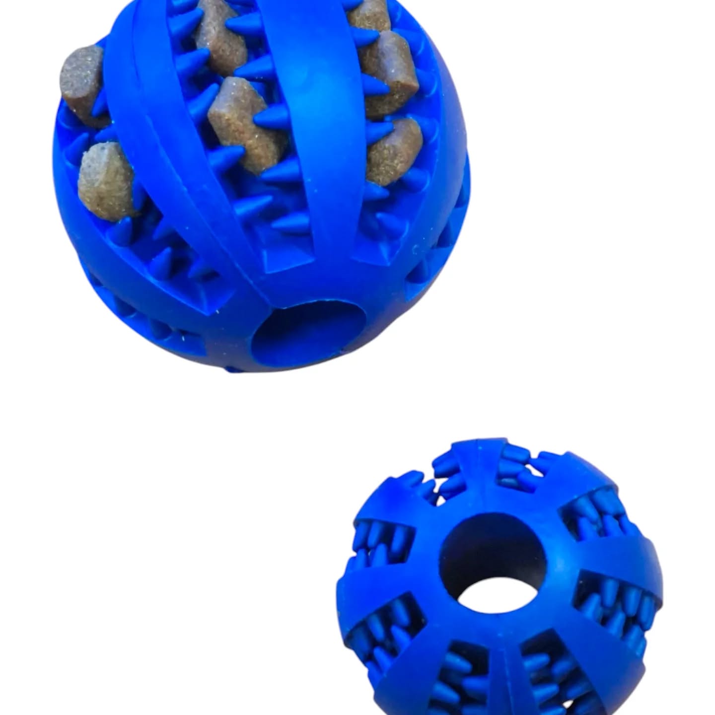 Zahnpflegeball in Blau für Hunde, mit strukturierter Oberfläche und Öffnungen zur Befüllung mit Snacks oder Trockenfutter.