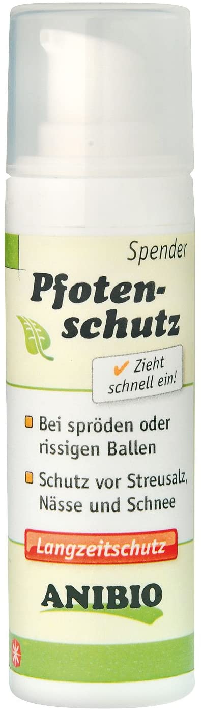 Anibio Pfotenschutz im Spender, Produktflasche mit Aufdruck, Dosierpumpe und Hinweisen zu Schutz vor Streusalz, Nässe und Schnee.
