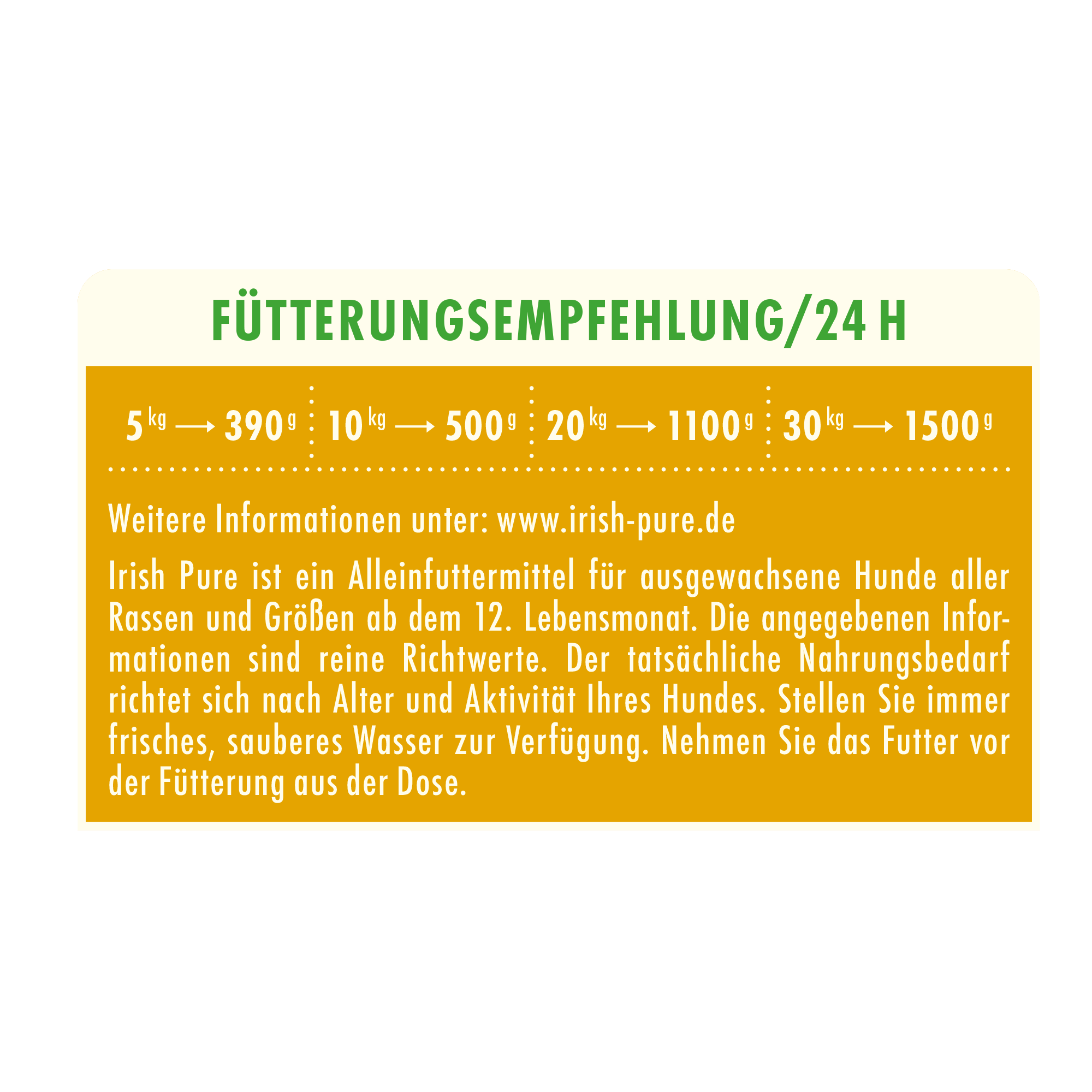 Produktinformation zur Rezeptur des Irish Pure Nassfutters Freiland-Huhn mit Gemüse und Kelp-Alge