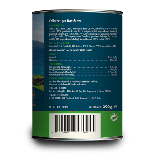 Rückseite der Irish Pure Nassfutterdose Atlantik-Lachs & Freiland-Huhn mit Deklaration und Fütterungshinweisen