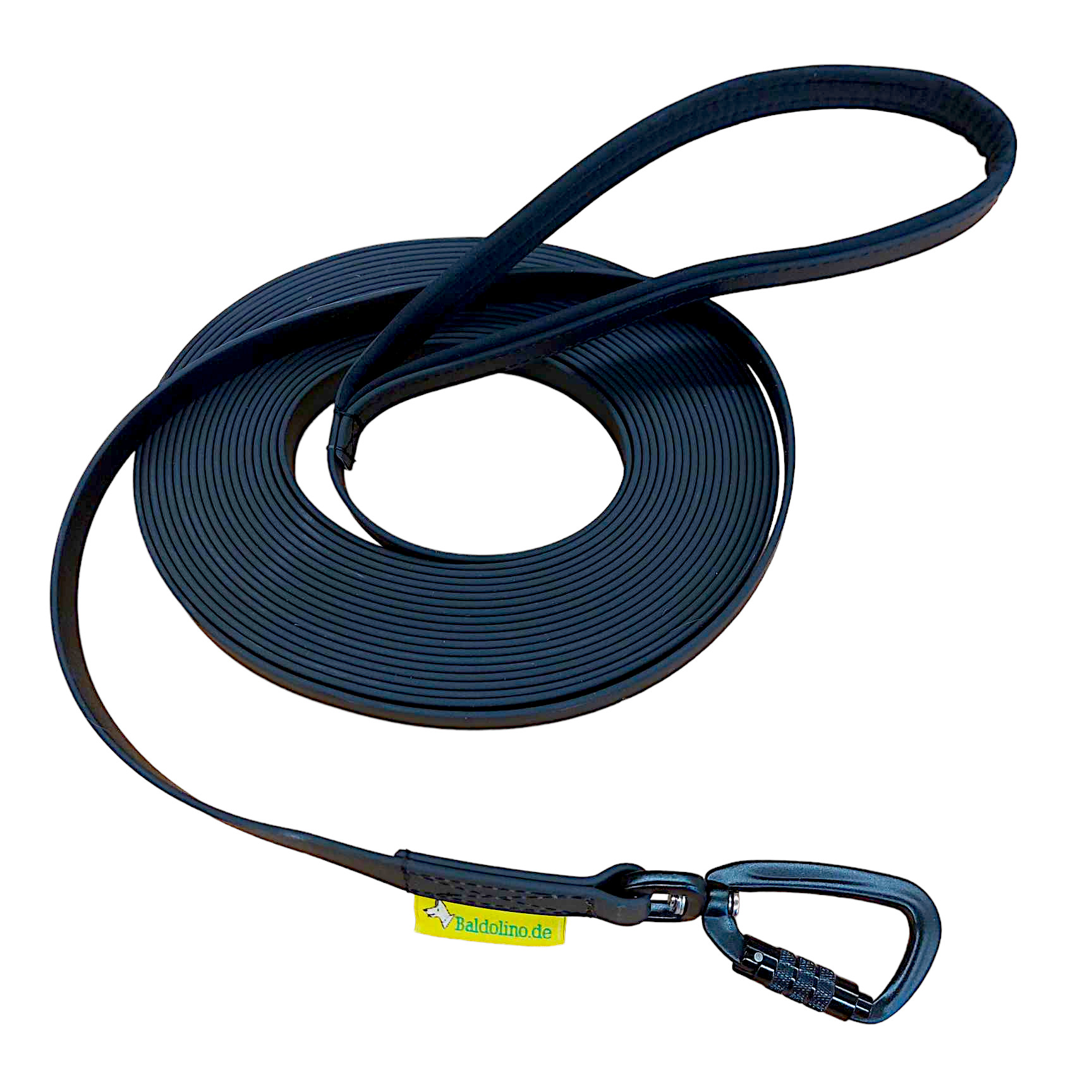Baldolino Kunststoff-Schleppleine schwarz mit Softshell-Handschlaufe und Alu-Sicherheitskarabiner – Stake-Out Hundezubehör