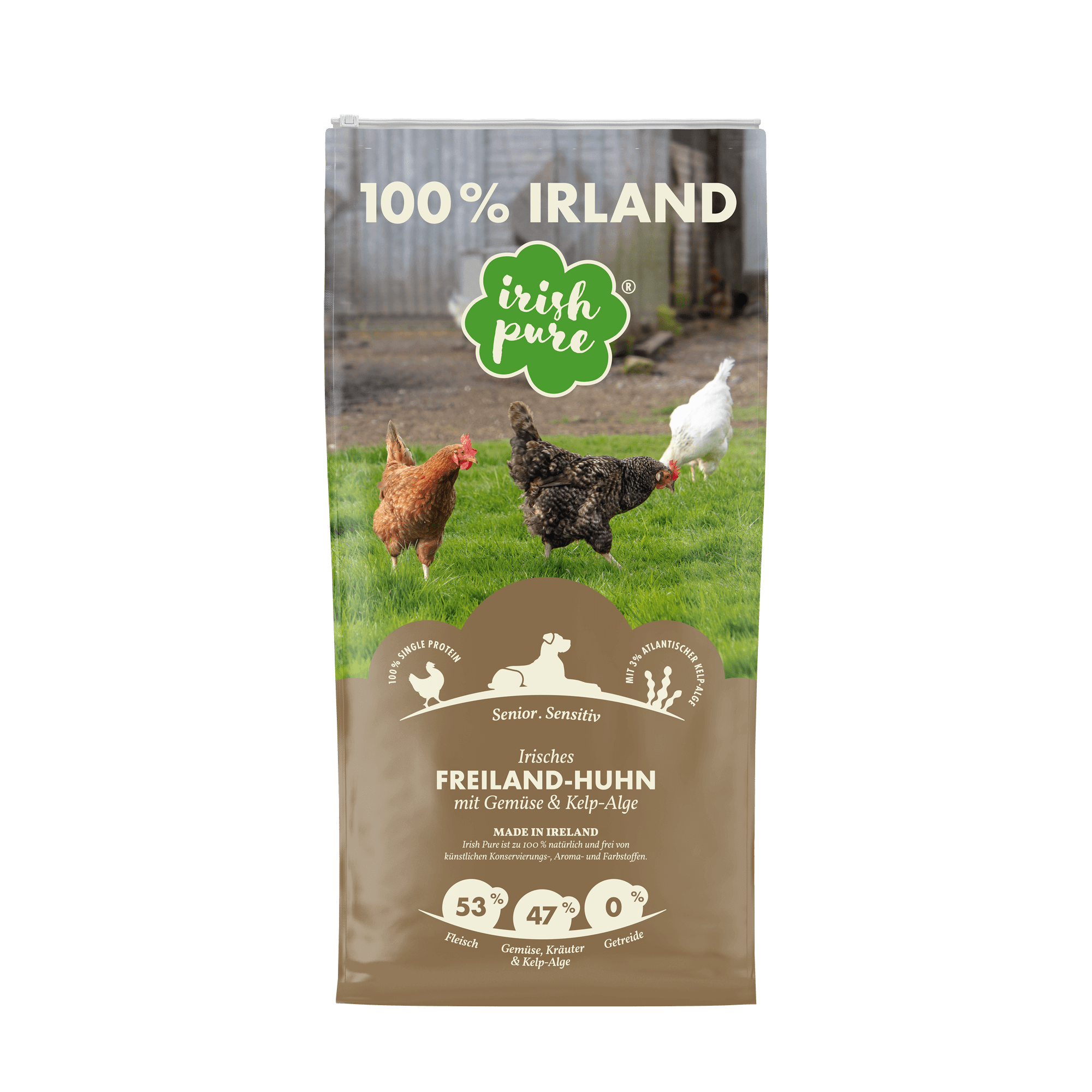 Verpackung des Irish Pure Hundefutters mit Freiland-Huhn, Gemüse und Kelp-Alge für Senior-Hunde