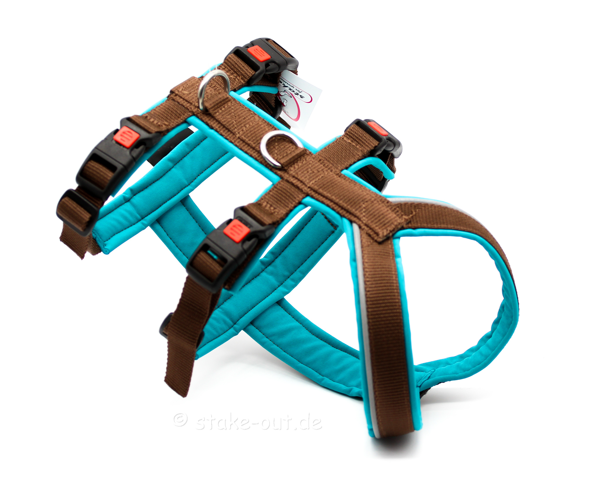 Stake-Out Alcatraz Sicherheitsgeschirr für Hunde in Braun-Türkis mit Softshell-Polsterung und vier Sicherheitsverschlüssen