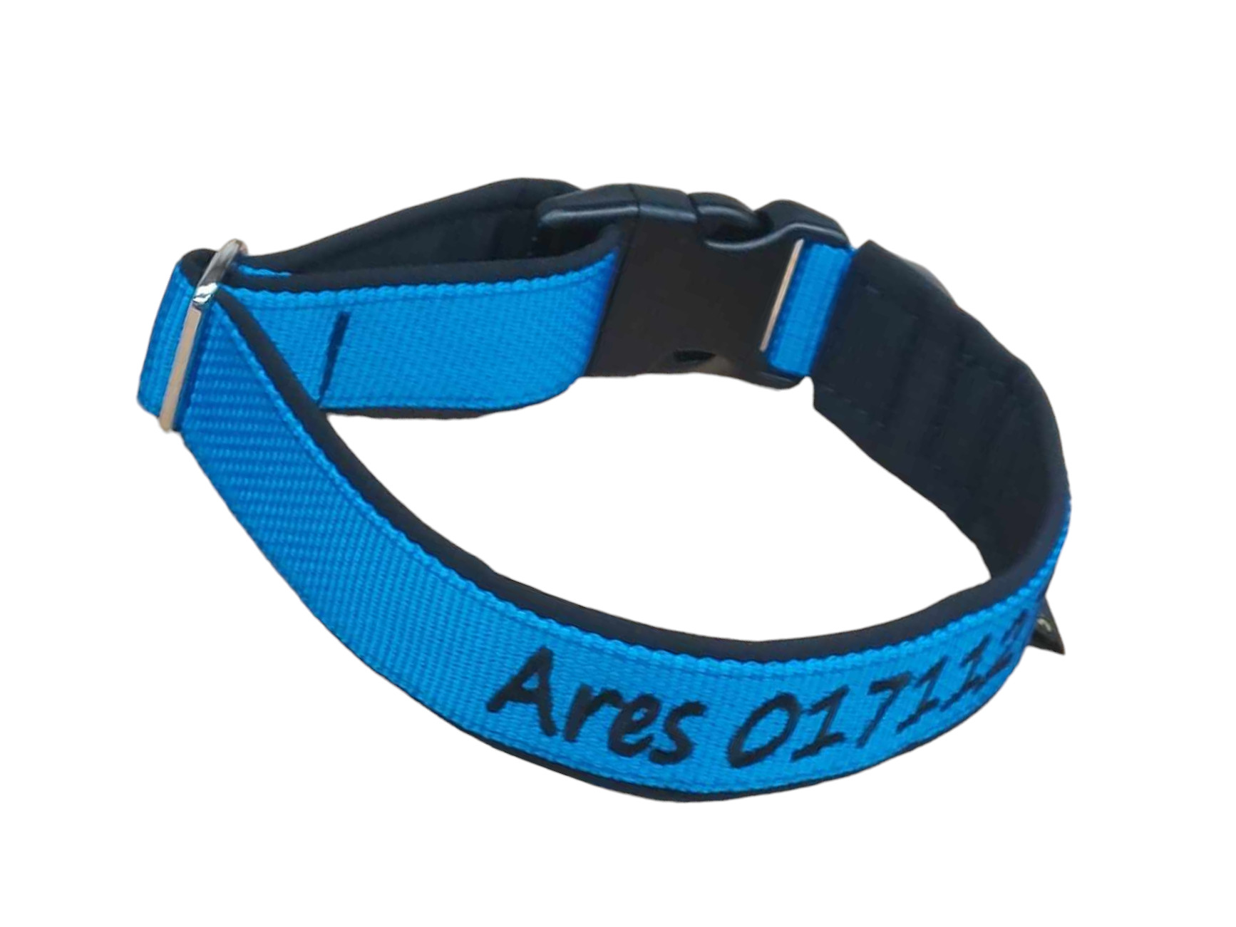 Besticktes Hundehalsband in Blau mit Softshell-Polsterung und Kunststoffsteckschnalle