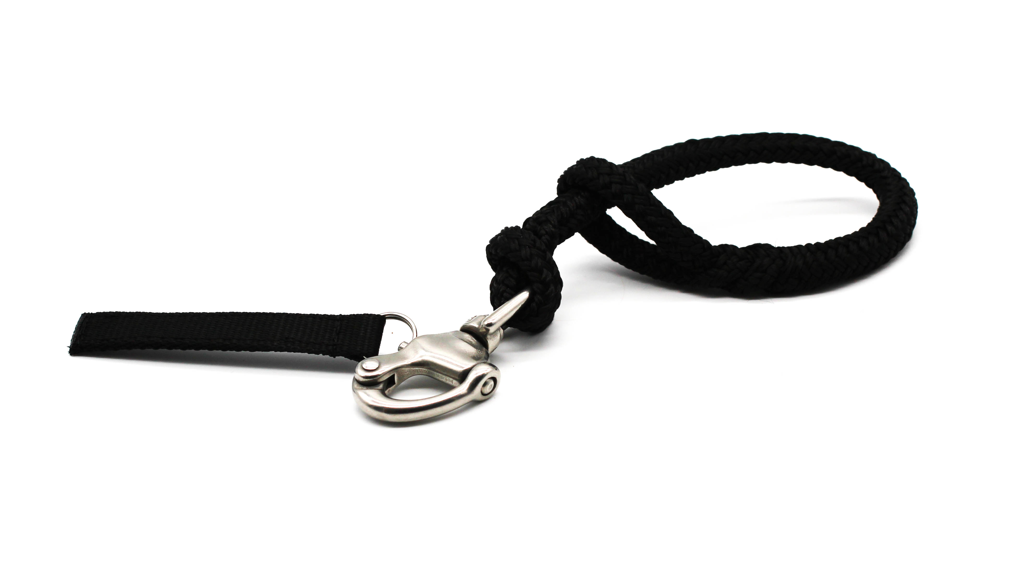 Bikeschlupf aus schwarzem Seil mit stabilem V2A Paniksnap aus Edelstahl auf weißem Hintergrund