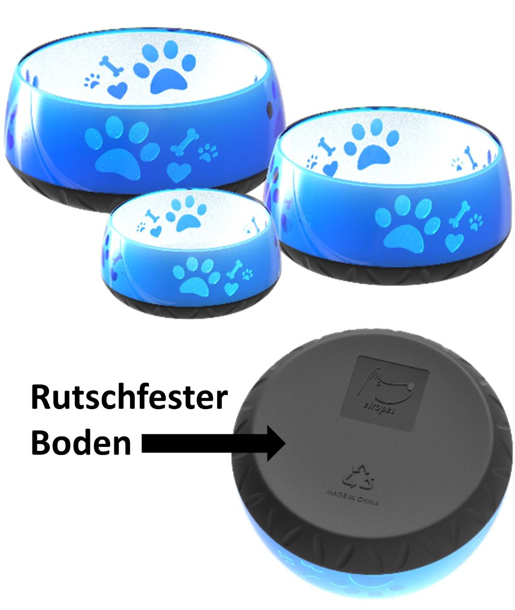 Elropet Kunststoff-Napf in Blau mit Pfotenmotiv in drei Größen und rutschfestem Boden für sicheren Stand beim Fressen und Trinken.