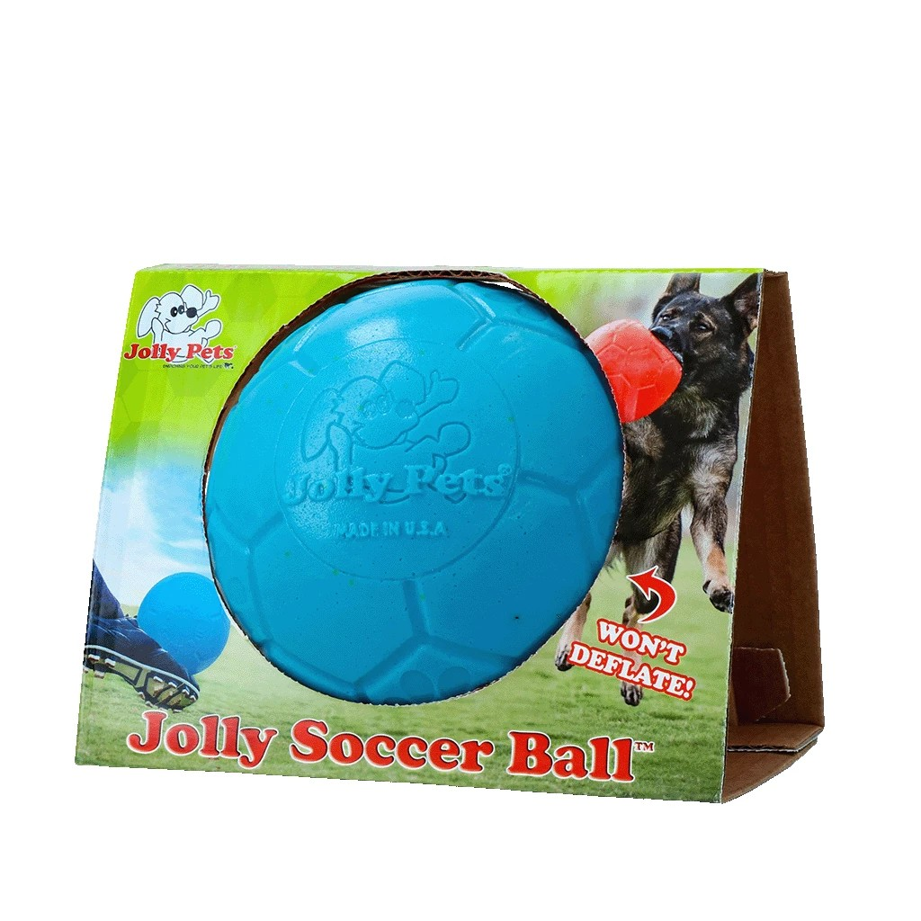 Jolly Soccer Ball in kräftigem Blau, freigestelltes Produktfoto des robusten Hundeballs aus widerstandsfähigem Material.