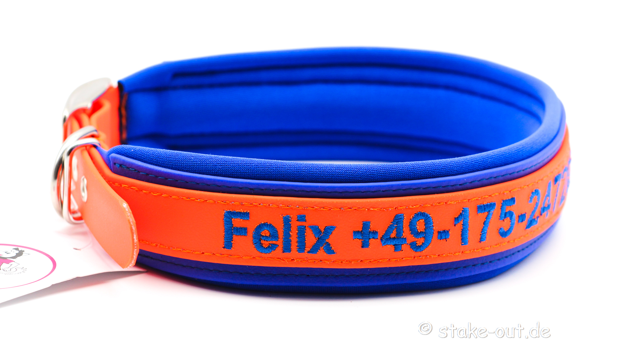 Besticktes Biothane-Hundehalsband in Blau/Orange mit Softshell-Polsterung und Gürtelschnalle