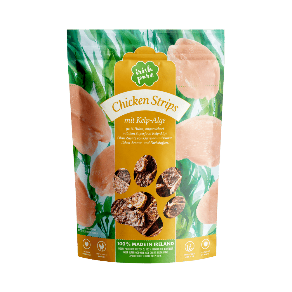 Irish Pure Chicken Strips mit Kelp-Alge, Hundesnacks aus 90 Prozent Freilandhuhn, Vorderseite der Verpackung