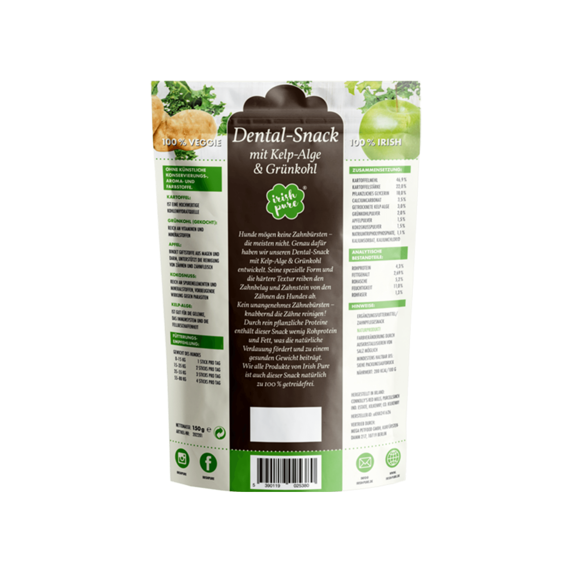 Rückseite der Irish Pure Dental Snack Verpackung mit Zutaten und Inhaltsstoffen, Hundezahnpflege Snack