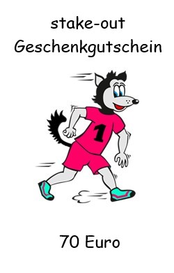 Stake-Out Geschenkgutschein im Wert von 70 Euro mit sportlichem Hunde-Maskottchen, vielseitig einlösbar.