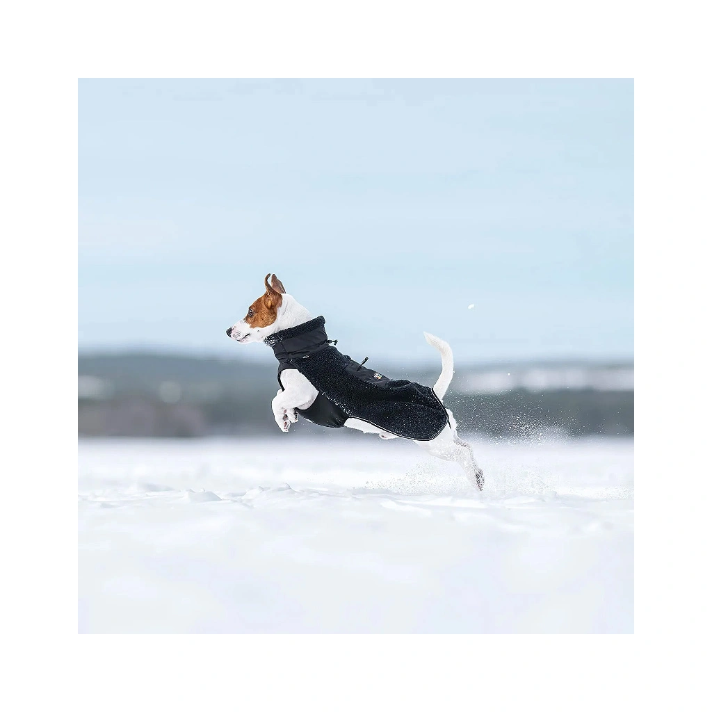 Hund läuft durch den Schnee und trägt die Rukka Pets Lucky Fleece Jacket in Schwarz, ideal für kaltes Wetter.